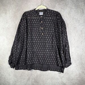 UQNATU Blouse Women M/L Brown Peasant Rose Cotton Gauze Henley Boho Tunic Top